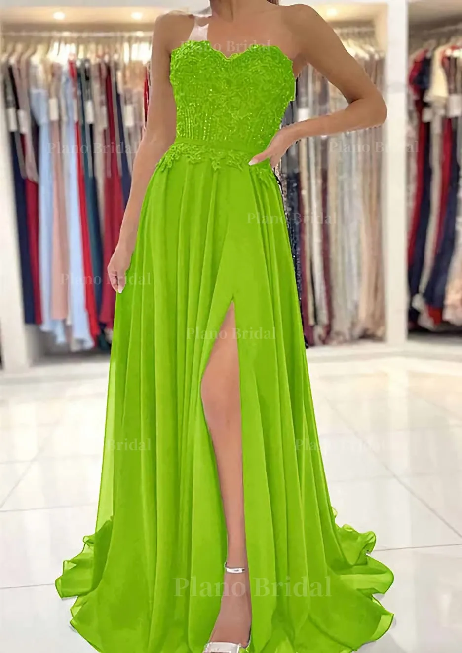 A-line Sweetheart Sweep Train Chiffon Prom Dress With Lace Beading Split