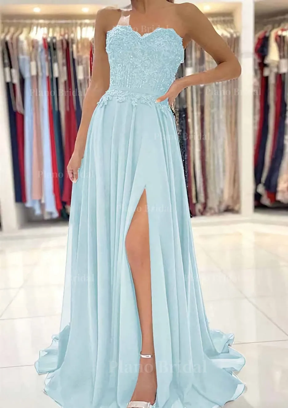 A-line Sweetheart Sweep Train Chiffon Prom Dress With Lace Beading Split