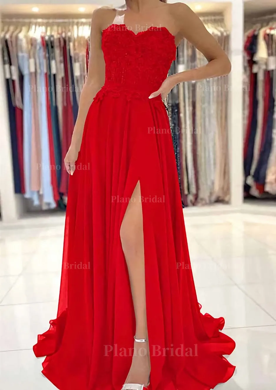 A-line Sweetheart Sweep Train Chiffon Prom Dress With Lace Beading Split