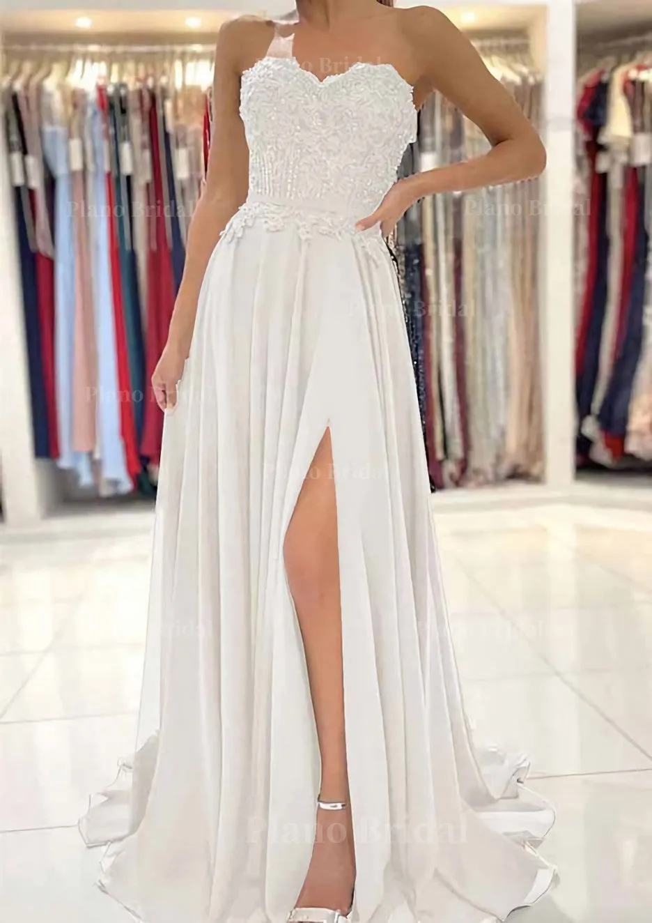 A-line Sweetheart Sweep Train Chiffon Prom Dress With Lace Beading Split