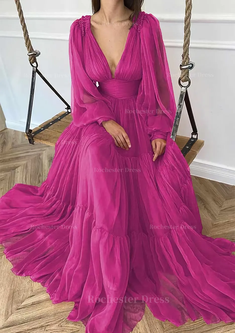 A-line V Neck Full/Long Sleeve Long/Floor-Length Chiffon Prom Dress With Pleated