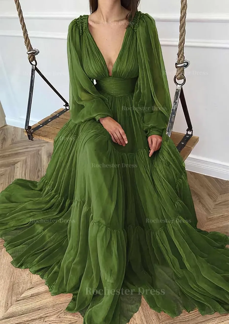 A-line V Neck Full/Long Sleeve Long/Floor-Length Chiffon Prom Dress With Pleated