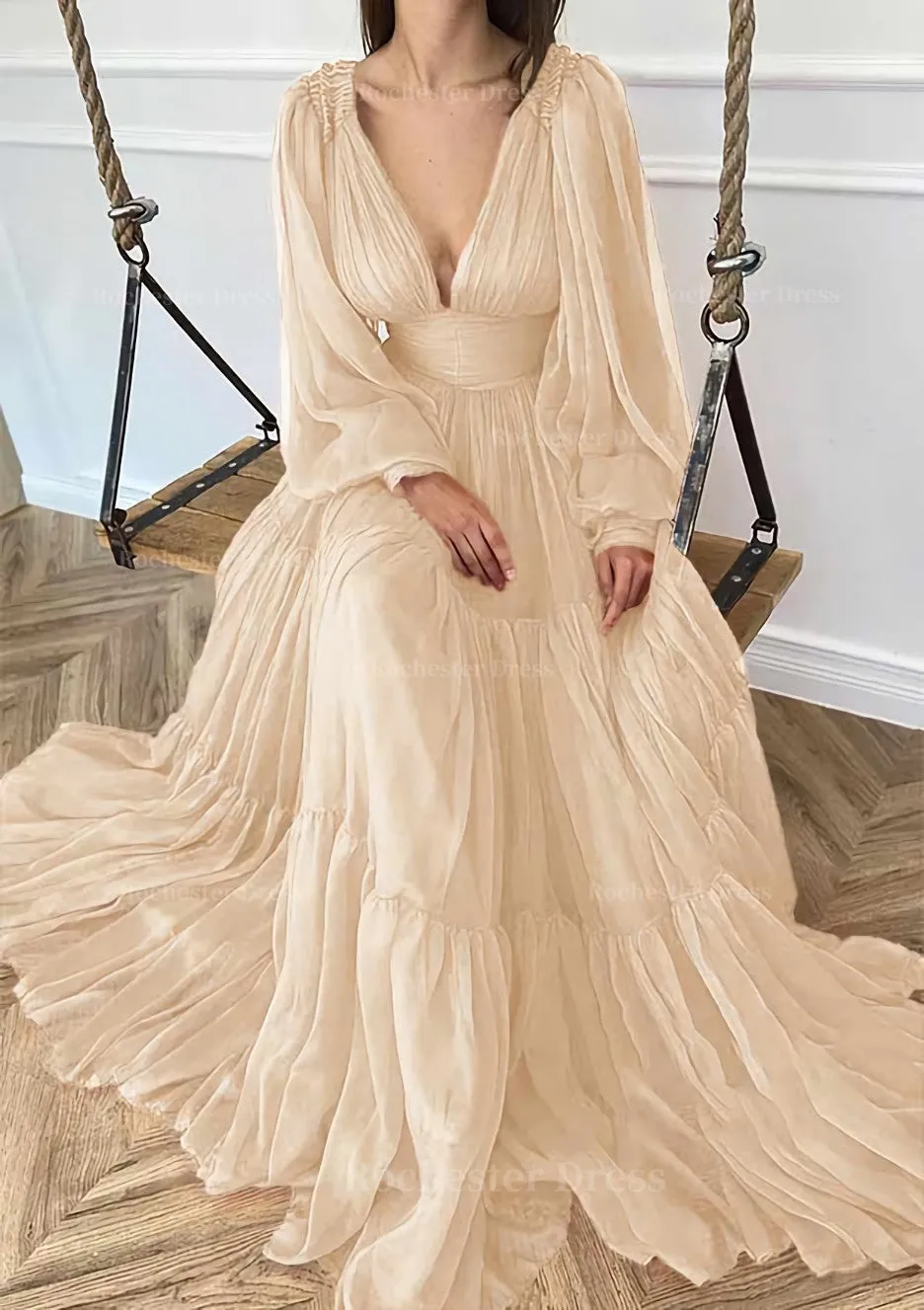 A-line V Neck Full/Long Sleeve Long/Floor-Length Chiffon Prom Dress With Pleated