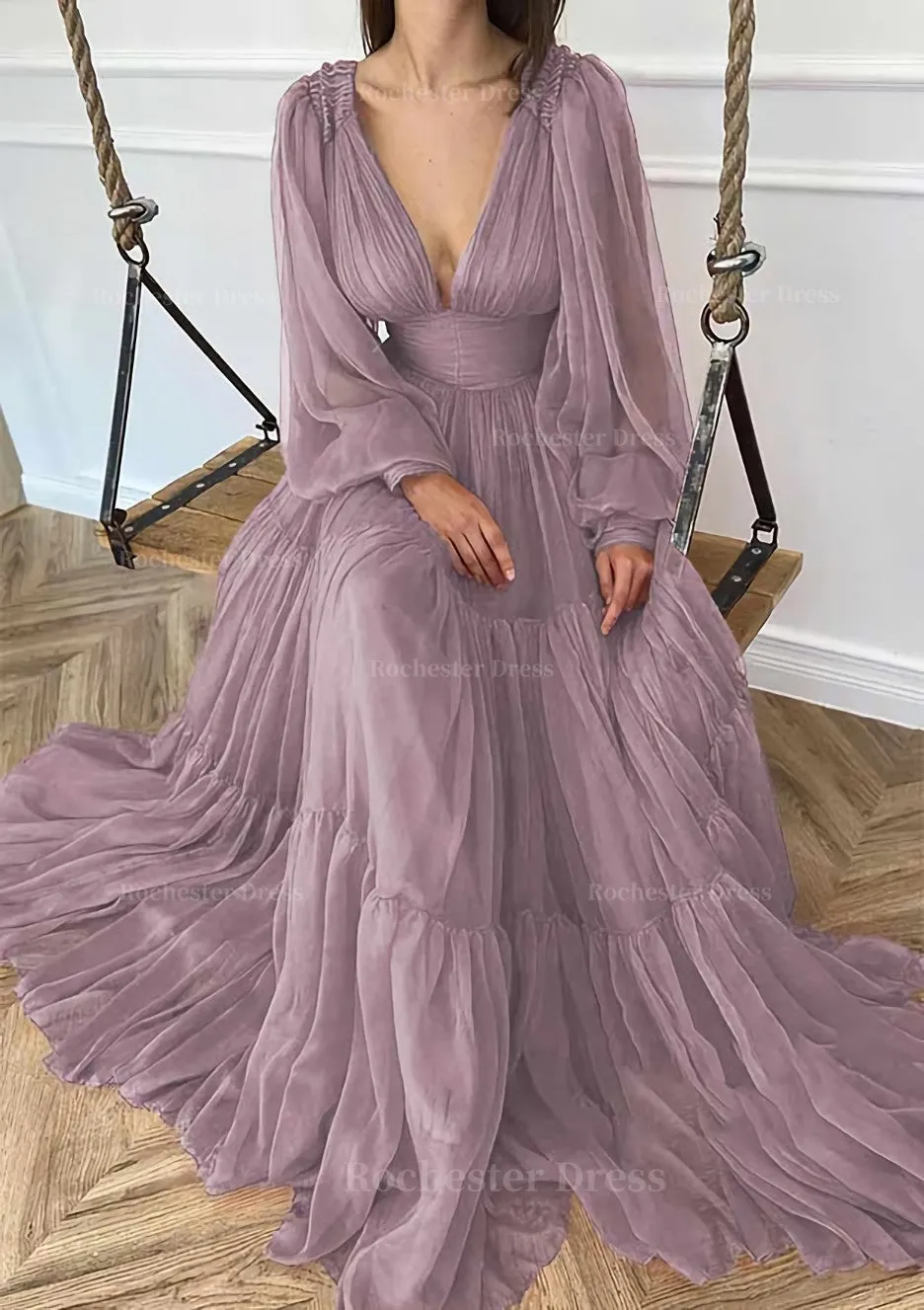 A-line V Neck Full/Long Sleeve Long/Floor-Length Chiffon Prom Dress With Pleated