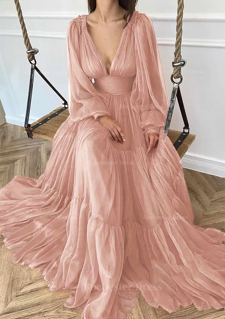 A-line V Neck Full/Long Sleeve Long/Floor-Length Chiffon Prom Dress With Pleated