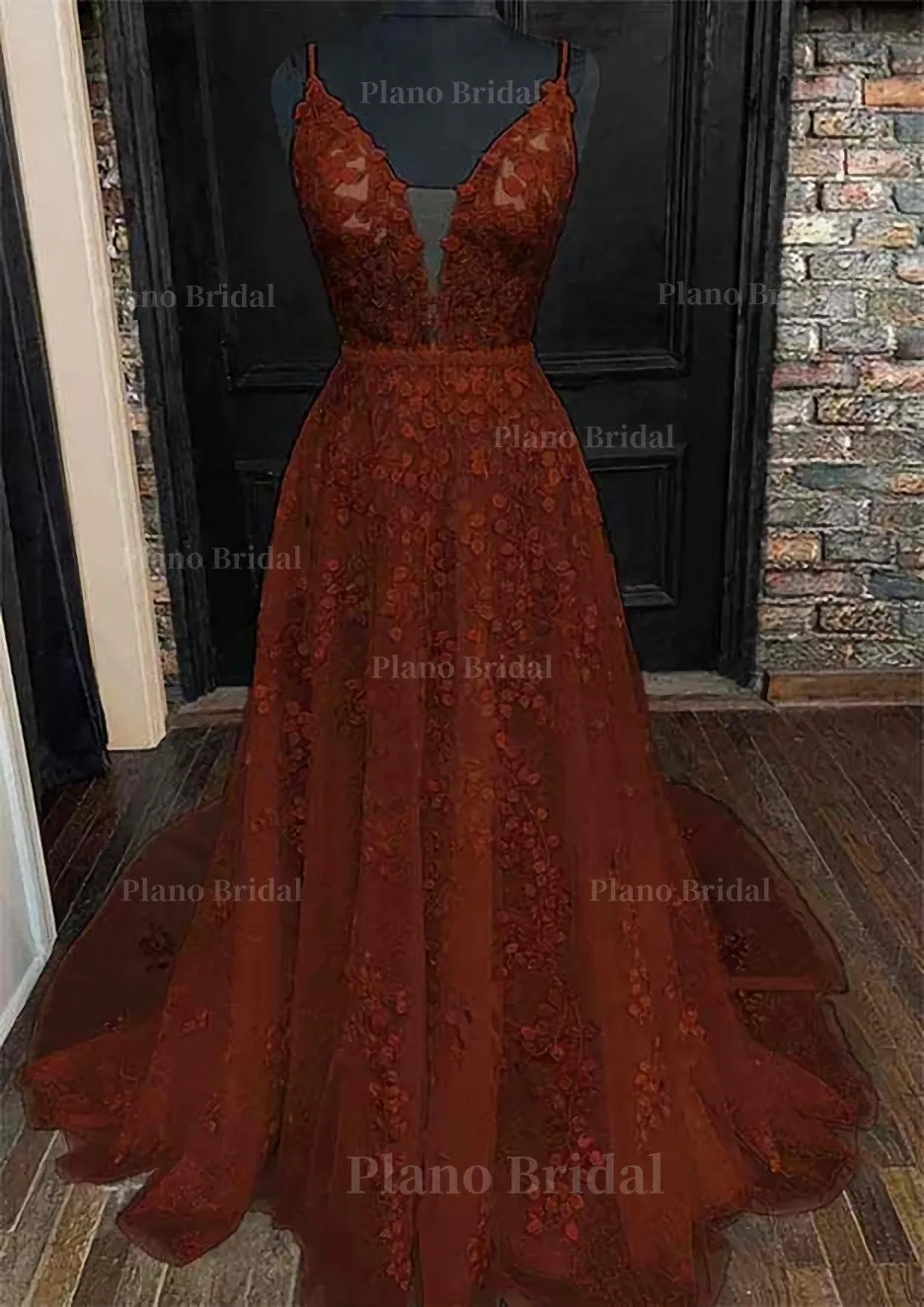 A-line V Neck Sleeveless Lace Court Train Prom Dress With Pleated