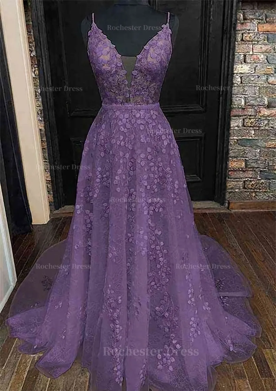 A-line V Neck Sleeveless Lace Court Train Prom Dress With Pleated