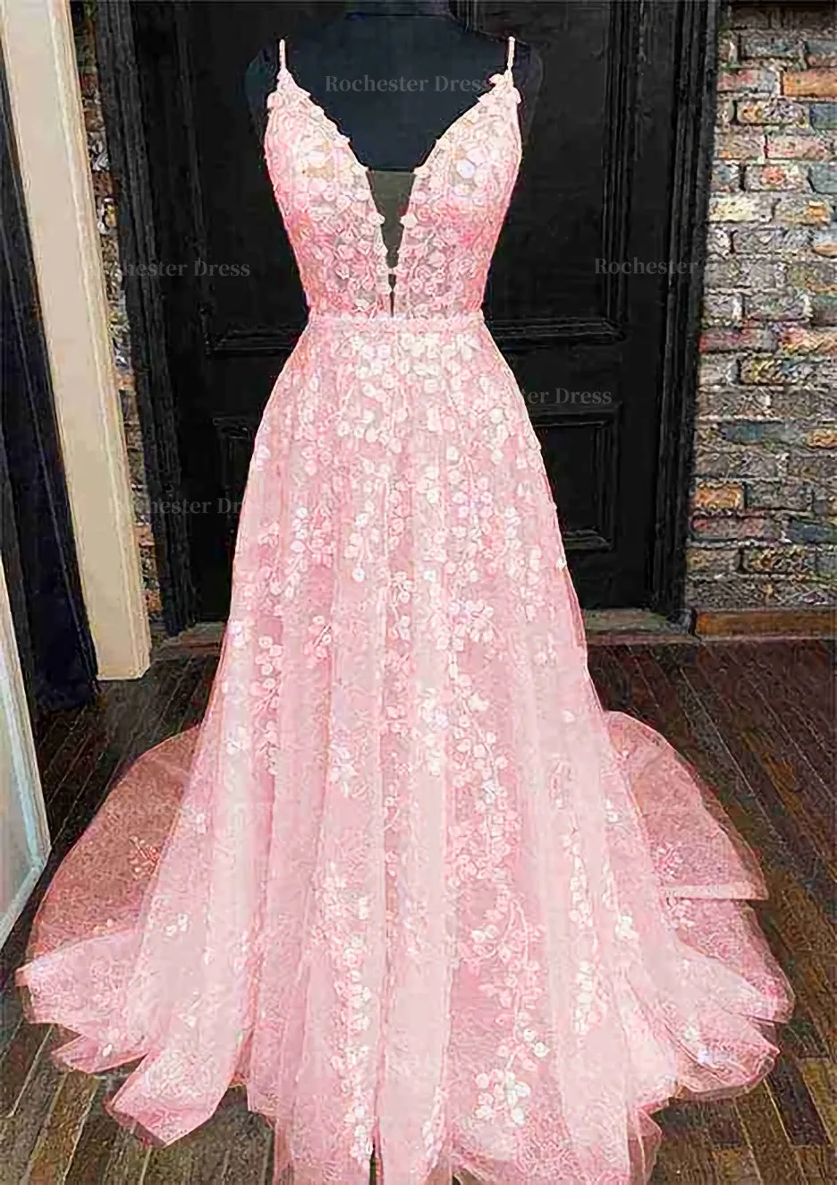 A-line V Neck Sleeveless Lace Court Train Prom Dress With Pleated