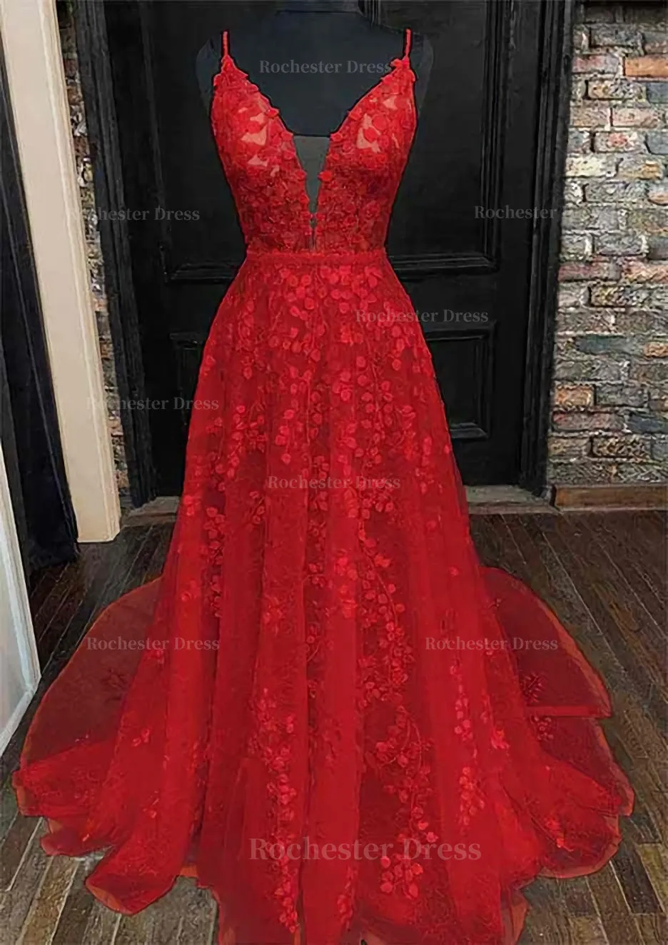 A-line V Neck Sleeveless Lace Court Train Prom Dress With Pleated