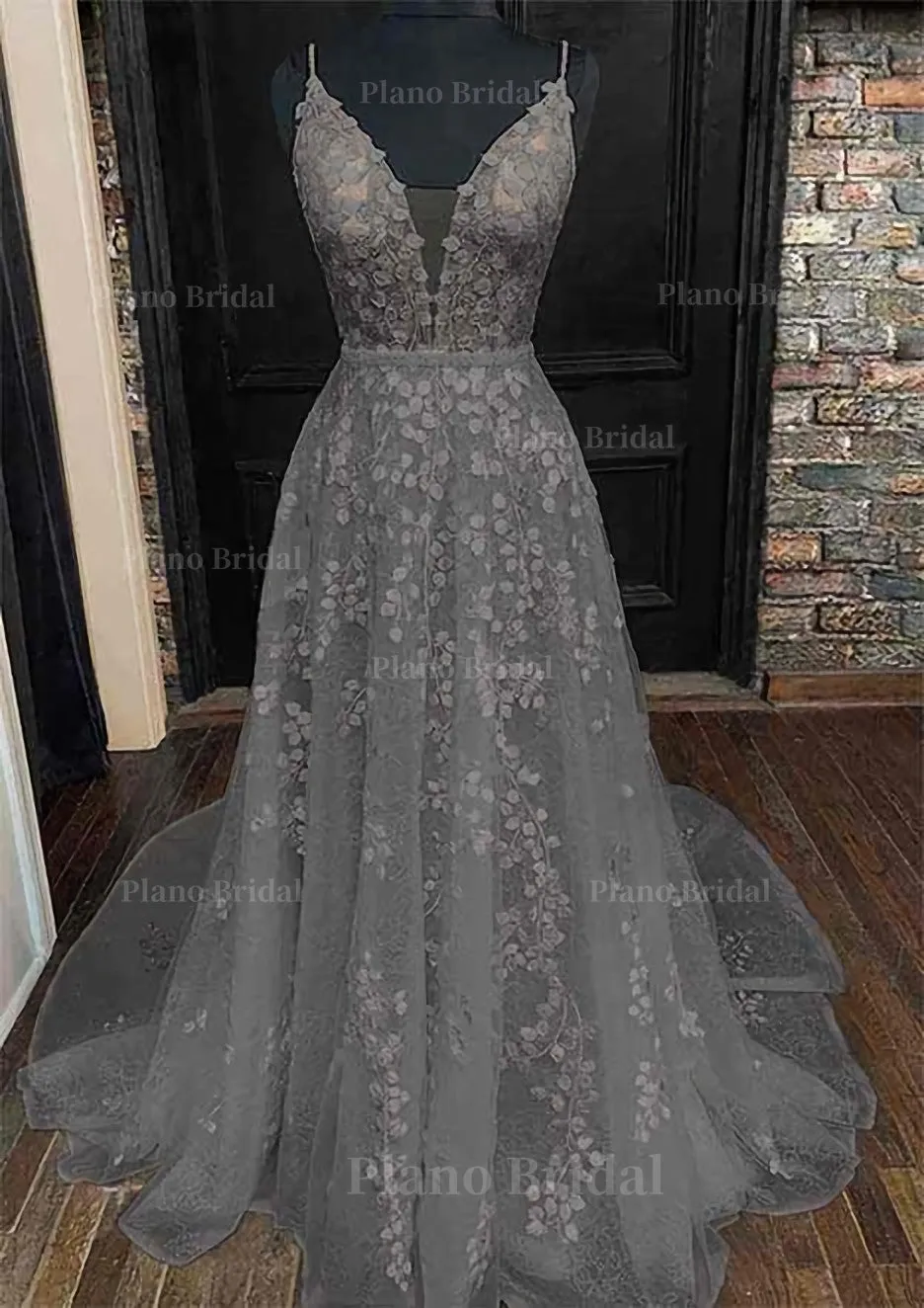 A-line V Neck Sleeveless Lace Court Train Prom Dress With Pleated