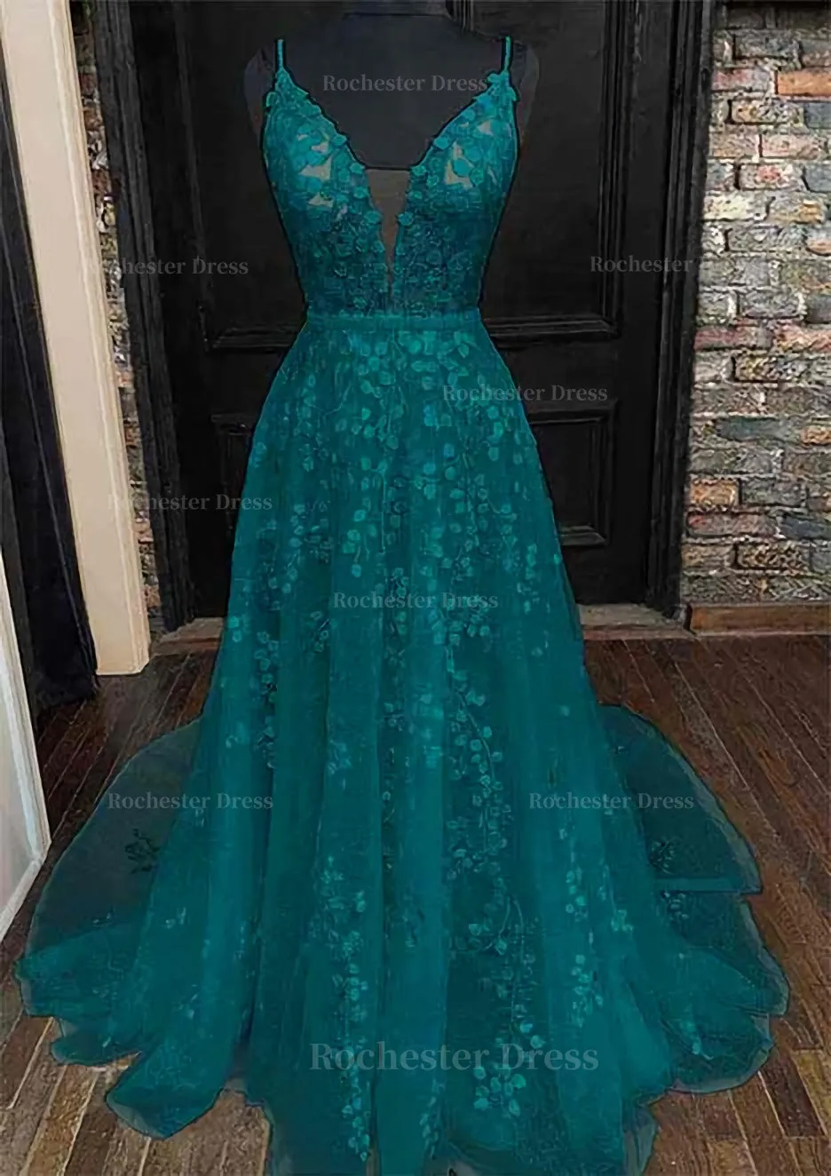 A-line V Neck Sleeveless Lace Court Train Prom Dress With Pleated