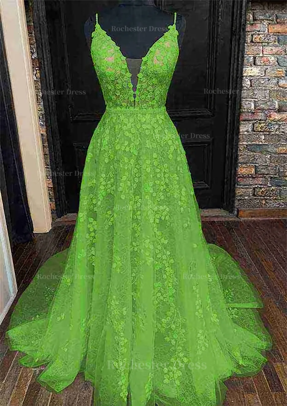 A-line V Neck Sleeveless Lace Court Train Prom Dress With Pleated