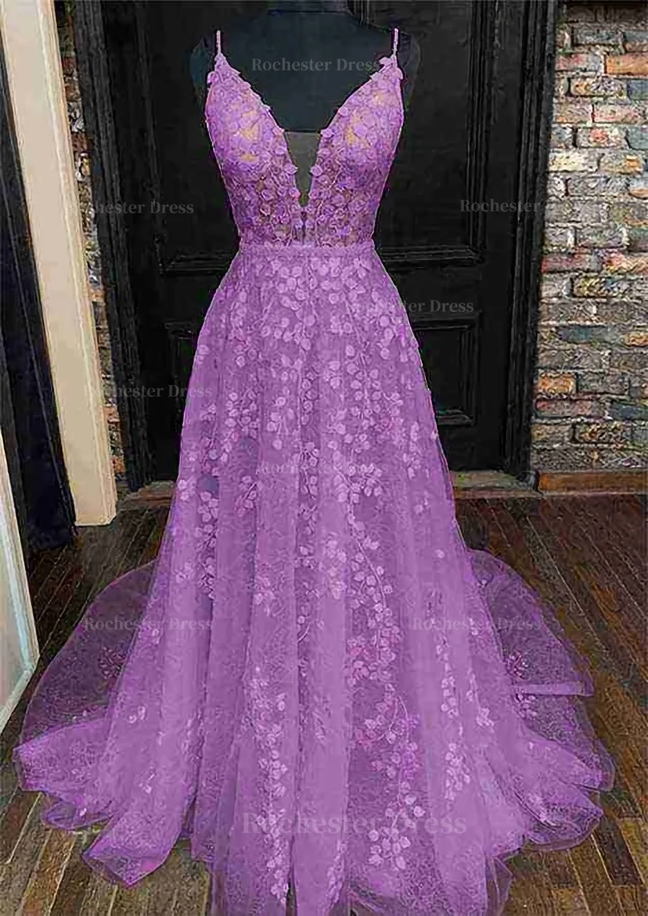 A-line V Neck Sleeveless Lace Court Train Prom Dress With Pleated