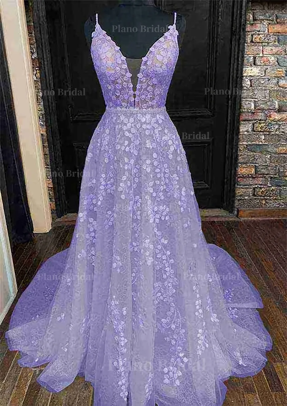 A-line V Neck Sleeveless Lace Court Train Prom Dress With Pleated