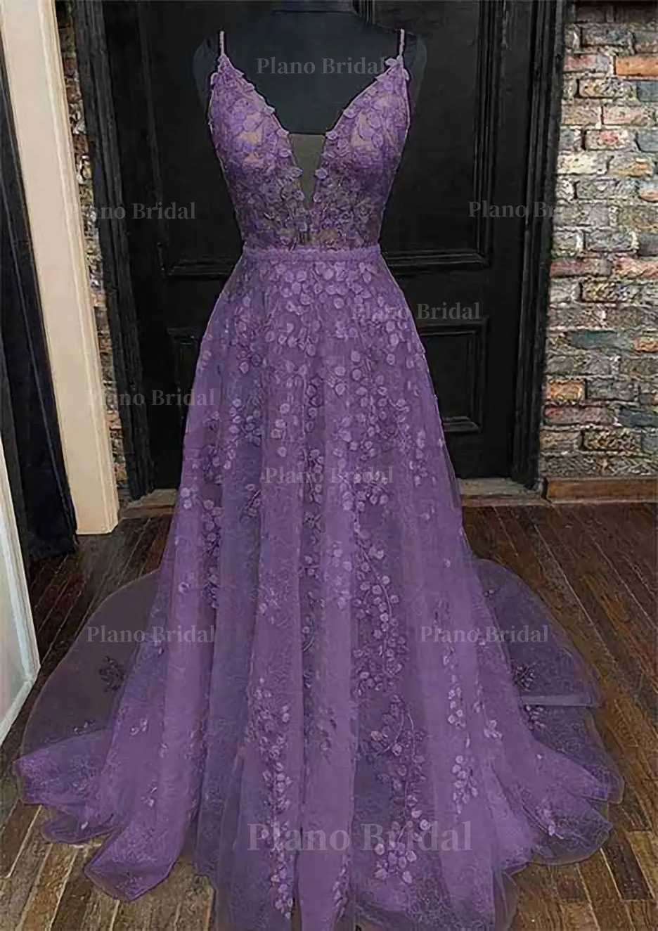 A-line V Neck Sleeveless Lace Court Train Prom Dress With Pleated