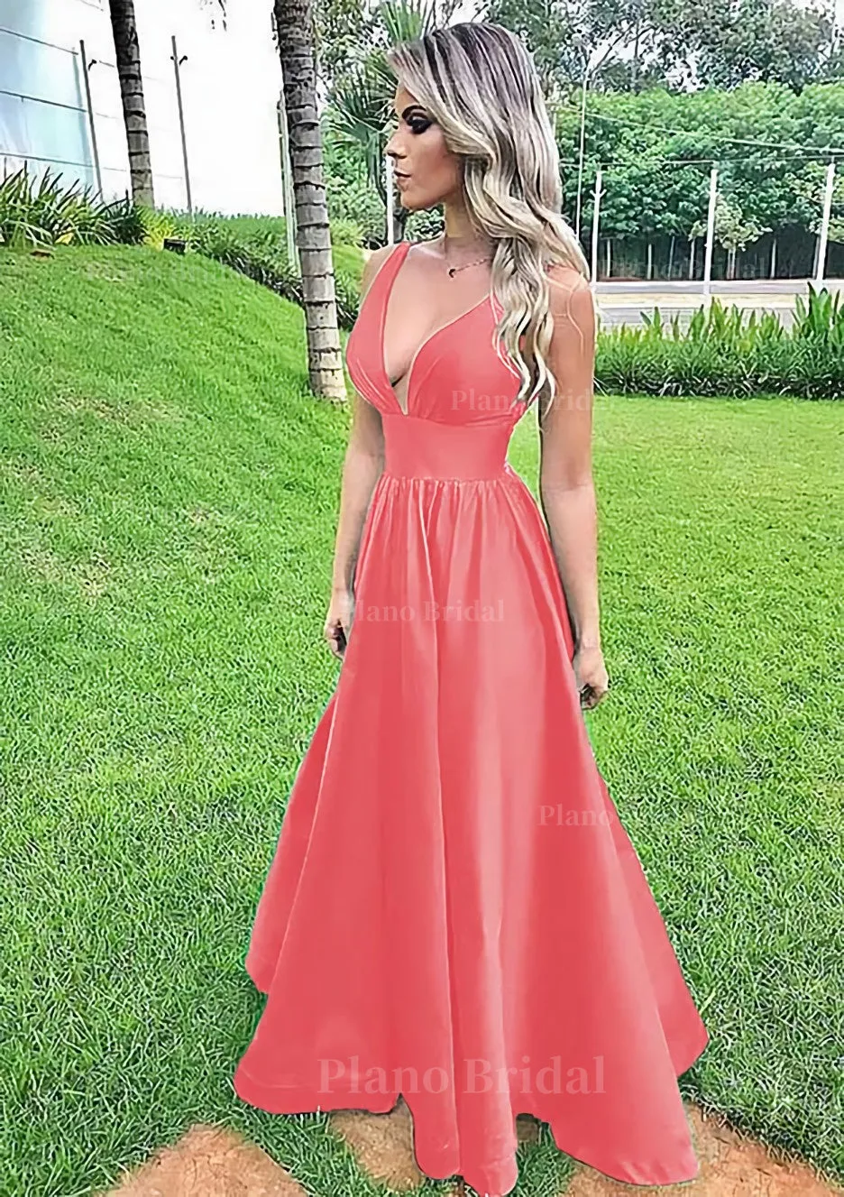 A-line V Neck Sleeveless Long/Floor-Length Satin Prom Dress With Pleated