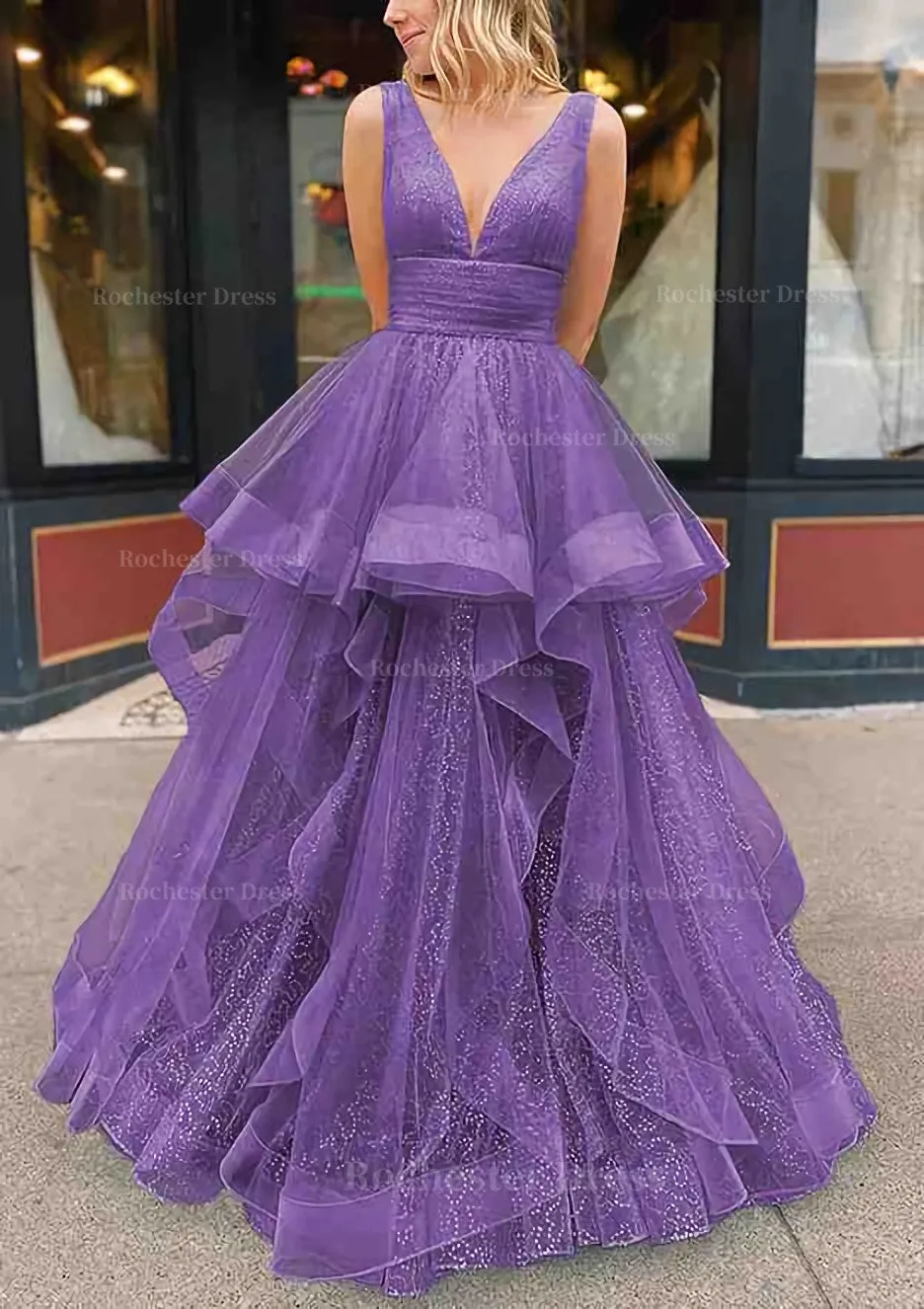 A-line V Neck Sleeveless Long/Floor-Length Tulle Glitter Prom Dress With Pleated