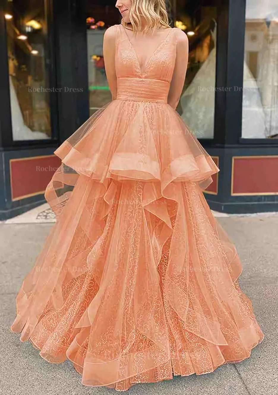 A-line V Neck Sleeveless Long/Floor-Length Tulle Glitter Prom Dress With Pleated