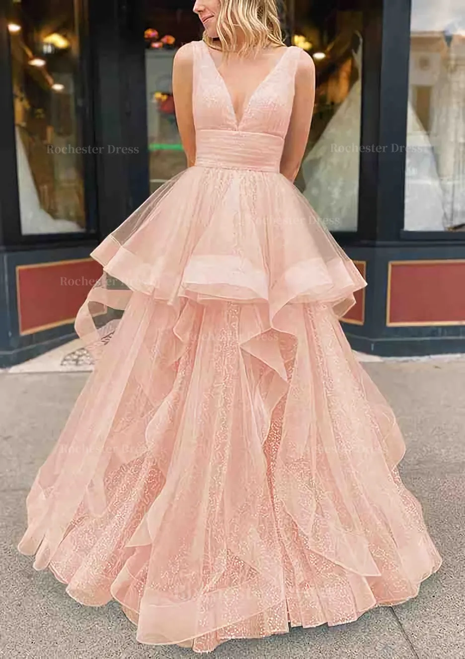 A-line V Neck Sleeveless Long/Floor-Length Tulle Glitter Prom Dress With Pleated