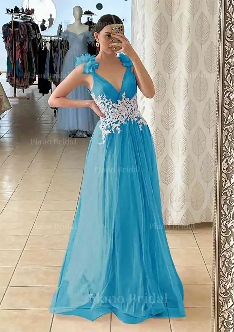 A-line V Neck Sleeveless Long/Floor-Length Tulle Prom Dress With Appliqued Beading Flowers