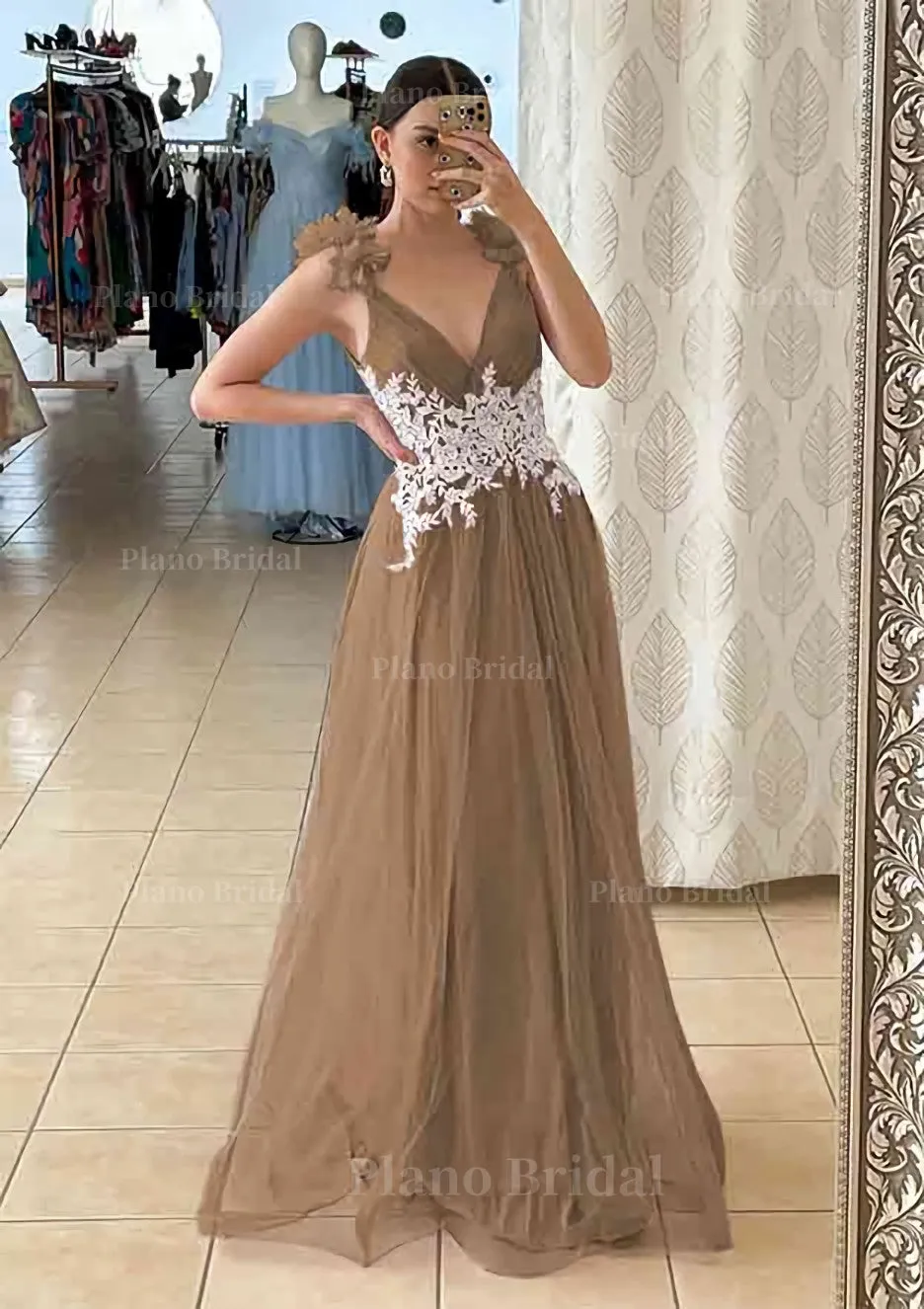 A-line V Neck Sleeveless Long/Floor-Length Tulle Prom Dress With Appliqued Beading Flowers