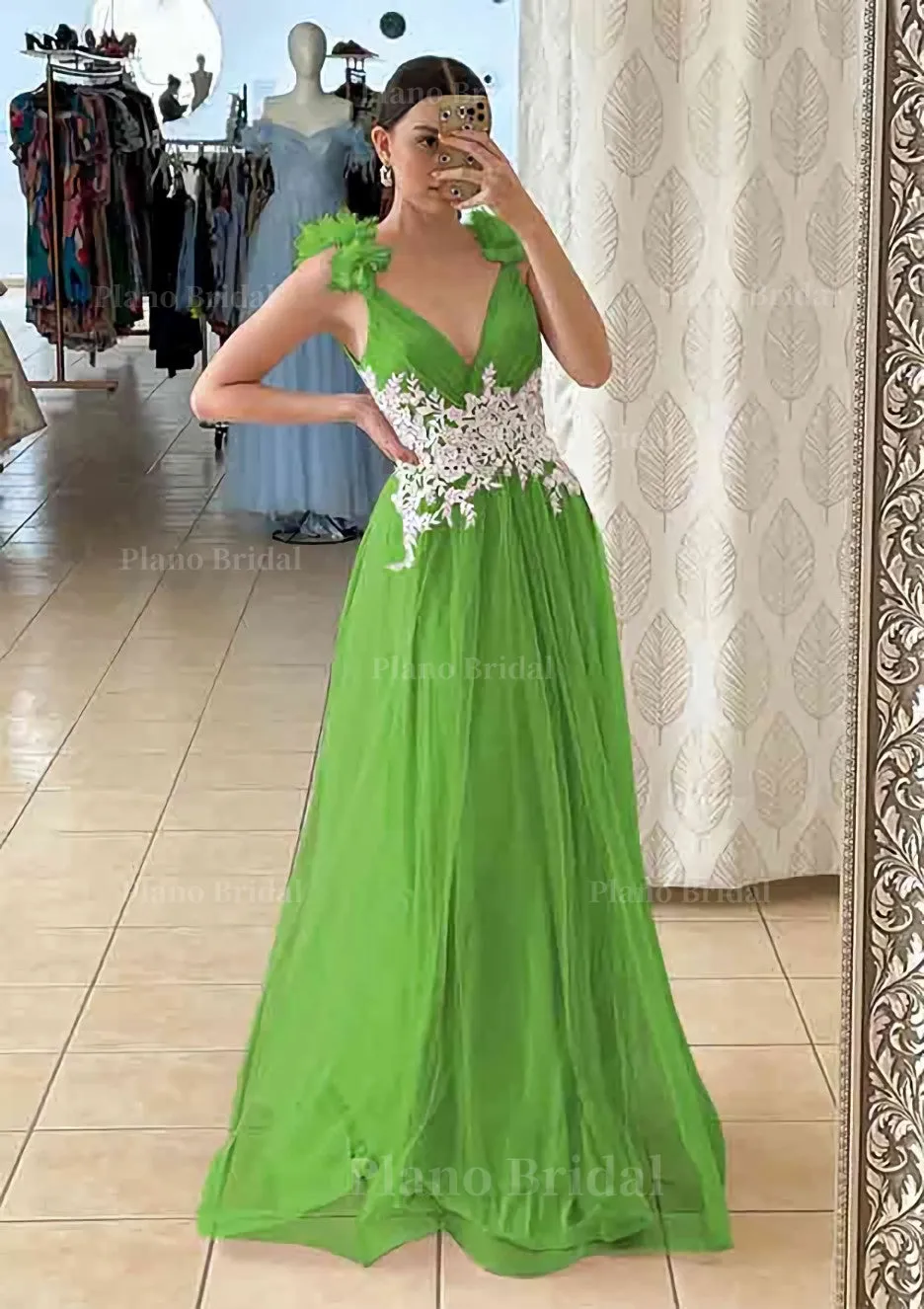 A-line V Neck Sleeveless Long/Floor-Length Tulle Prom Dress With Appliqued Beading Flowers