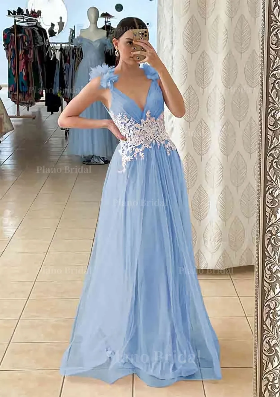 A-line V Neck Sleeveless Long/Floor-Length Tulle Prom Dress With Appliqued Beading Flowers