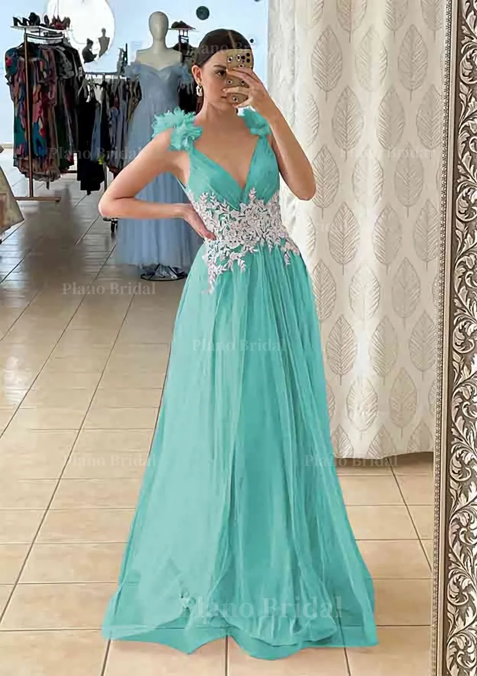 A-line V Neck Sleeveless Long/Floor-Length Tulle Prom Dress With Appliqued Beading Flowers