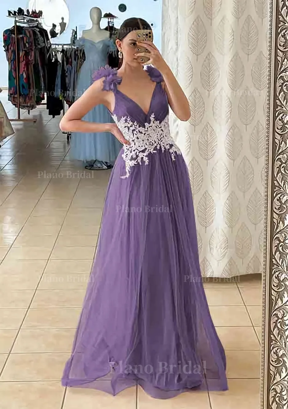 A-line V Neck Sleeveless Long/Floor-Length Tulle Prom Dress With Appliqued Beading Flowers