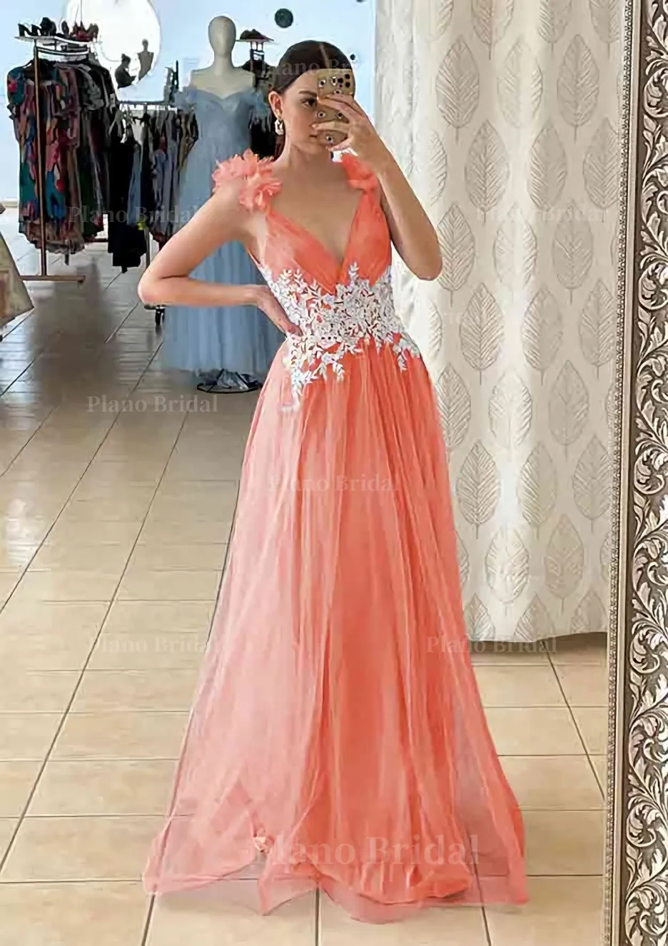 A-line V Neck Sleeveless Long/Floor-Length Tulle Prom Dress With Appliqued Beading Flowers