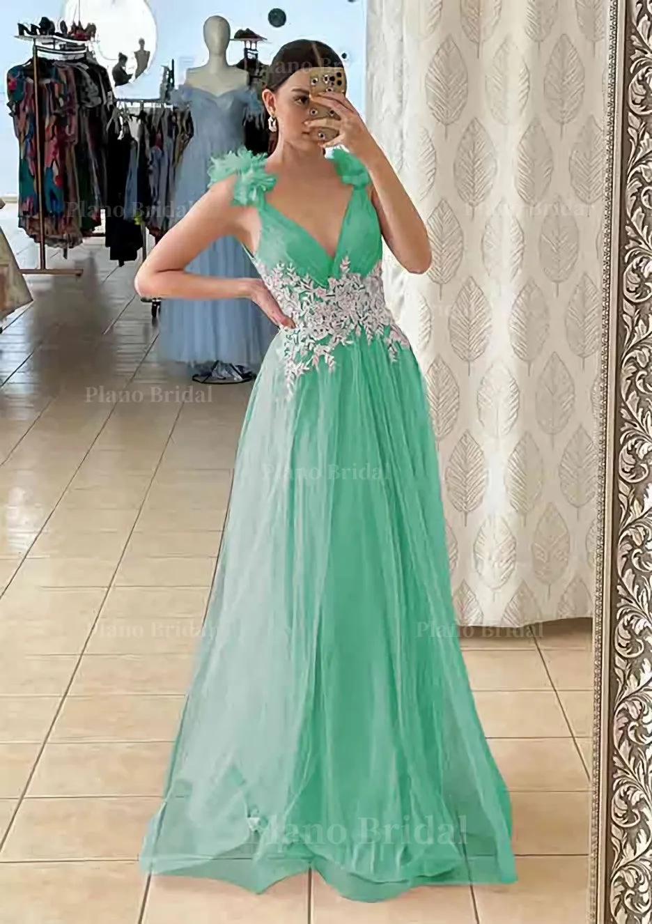 A-line V Neck Sleeveless Long/Floor-Length Tulle Prom Dress With Appliqued Beading Flowers