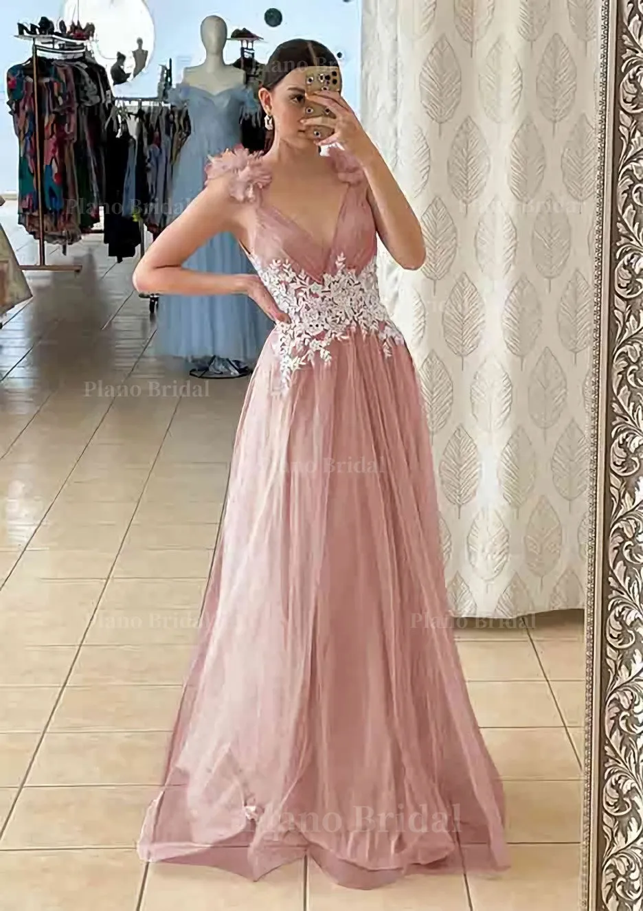 A-line V Neck Sleeveless Long/Floor-Length Tulle Prom Dress With Appliqued Beading Flowers