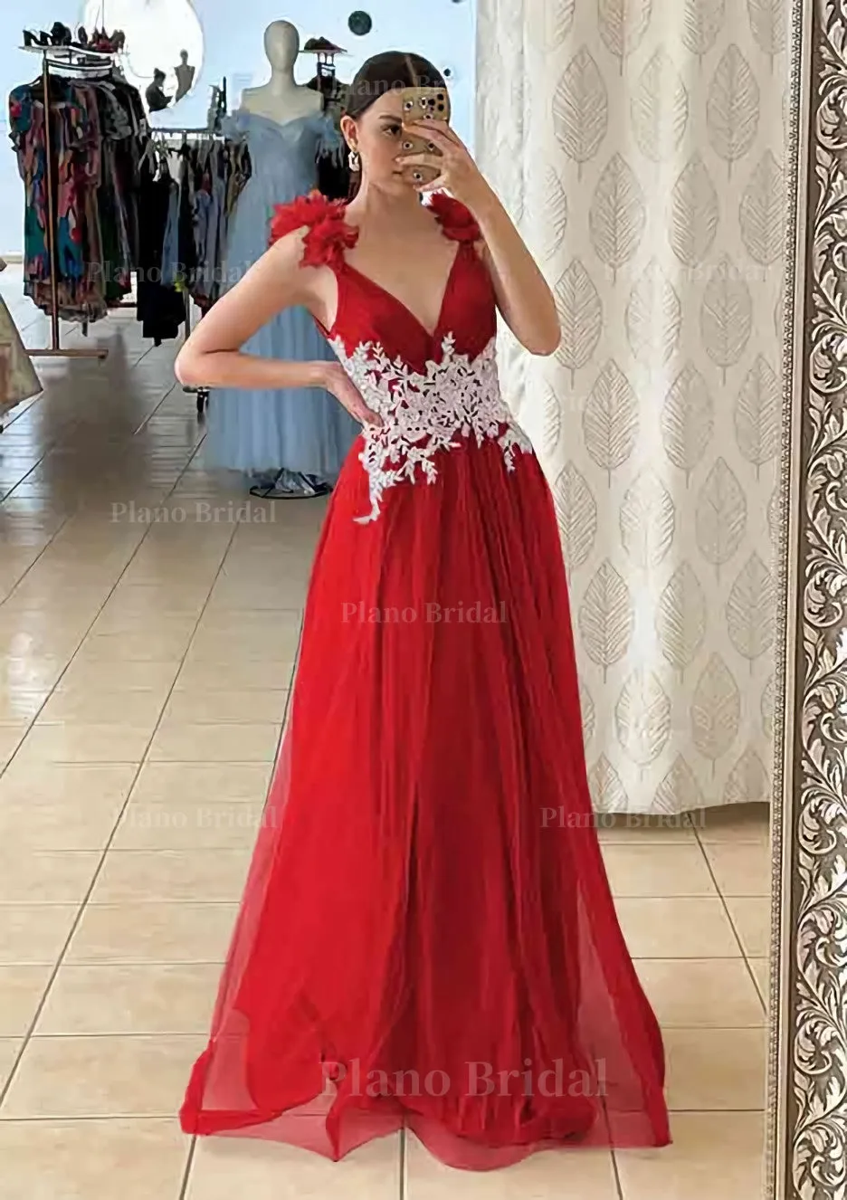 A-line V Neck Sleeveless Long/Floor-Length Tulle Prom Dress With Appliqued Beading Flowers