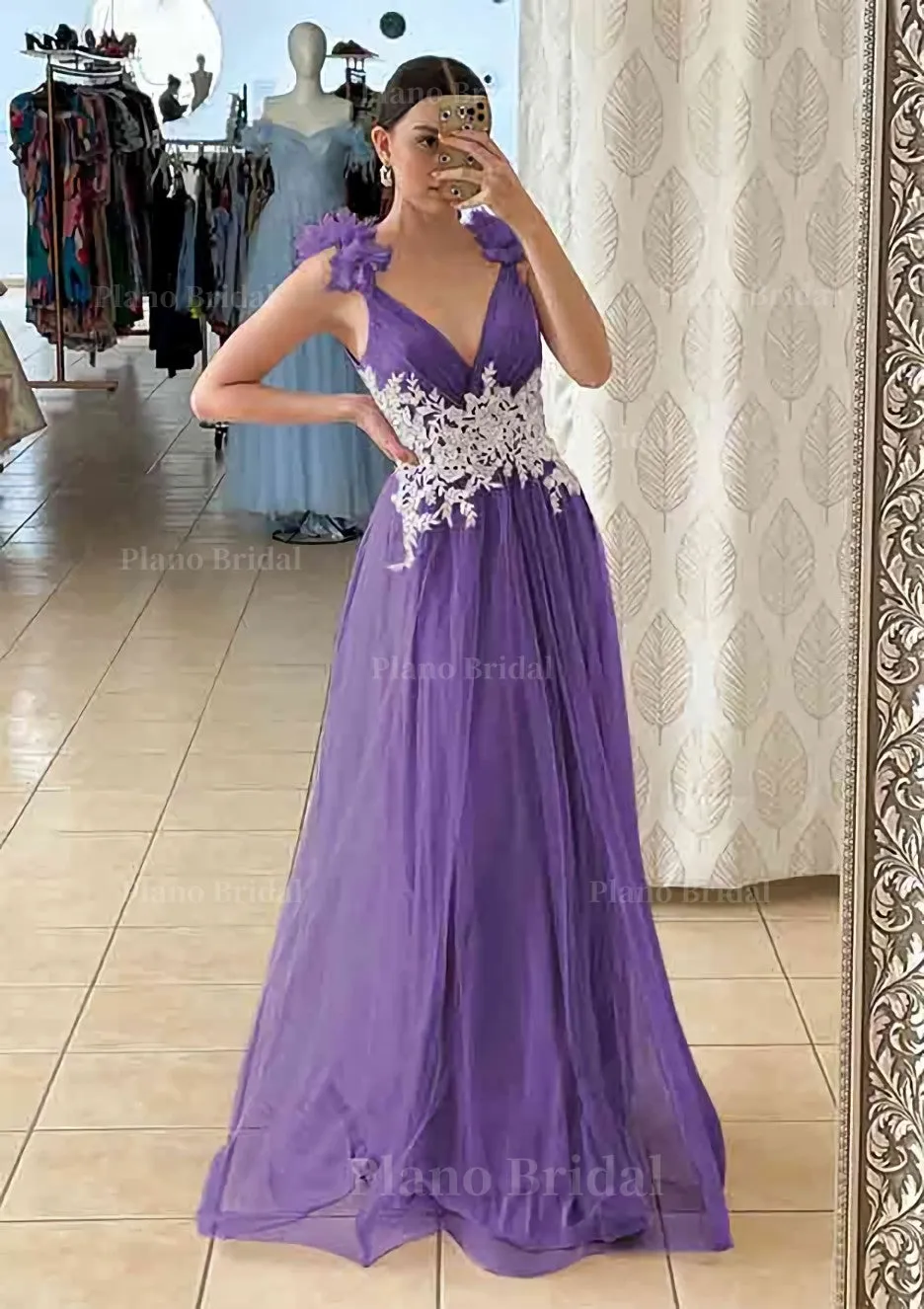 A-line V Neck Sleeveless Long/Floor-Length Tulle Prom Dress With Appliqued Beading Flowers