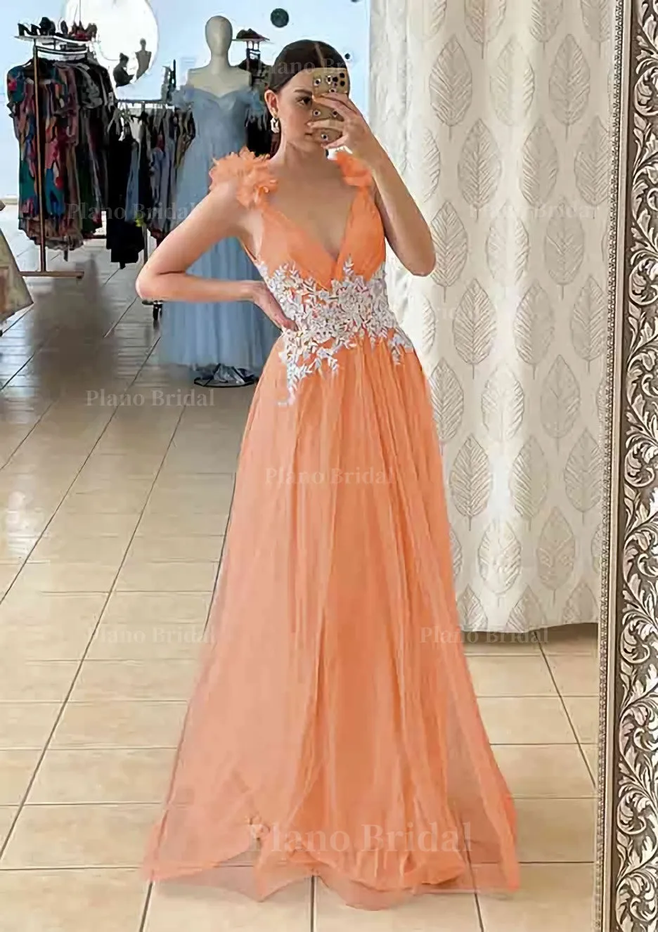 A-line V Neck Sleeveless Long/Floor-Length Tulle Prom Dress With Appliqued Beading Flowers