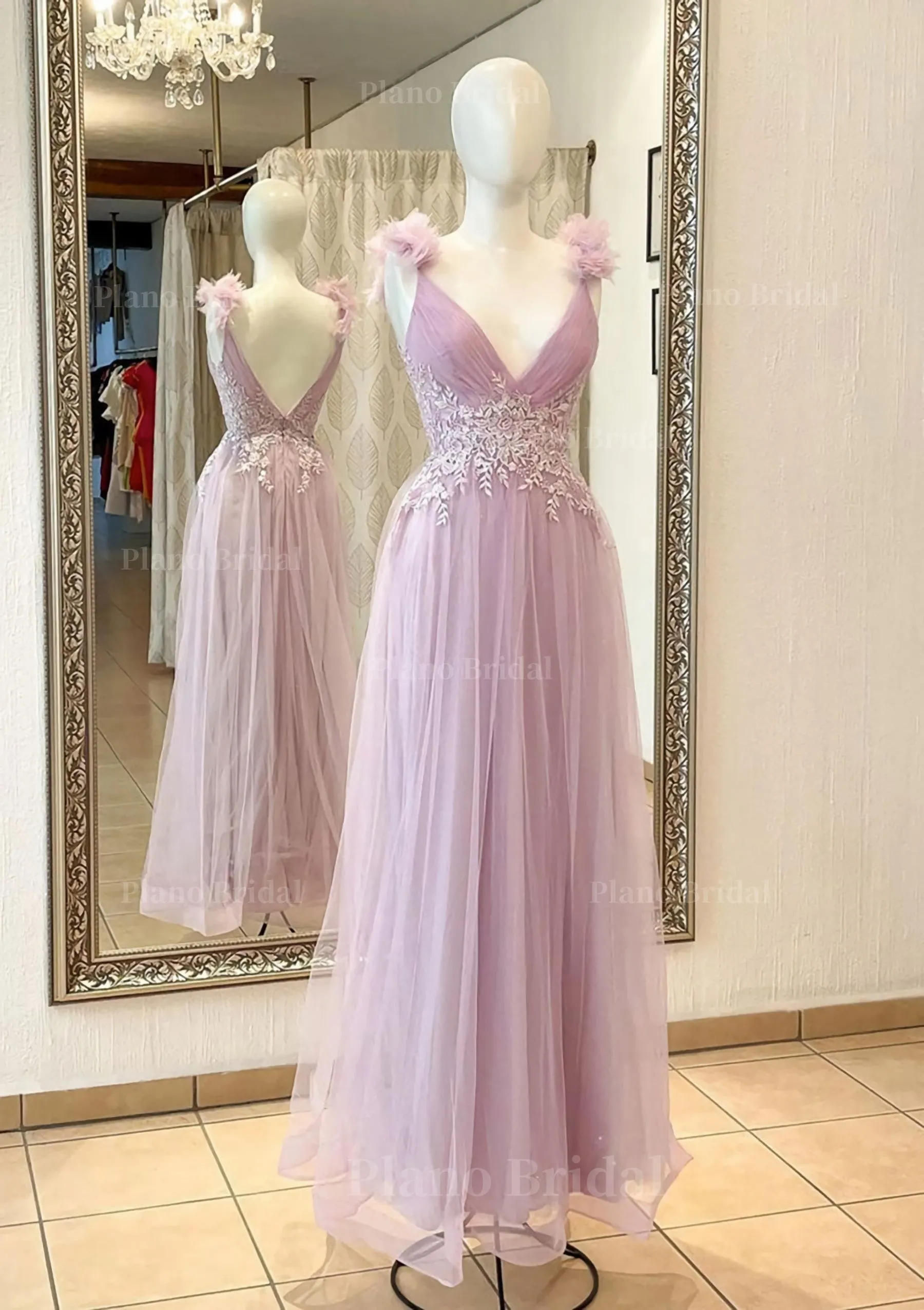 A-line V Neck Sleeveless Long/Floor-Length Tulle Prom Dress With Appliqued Beading Flowers