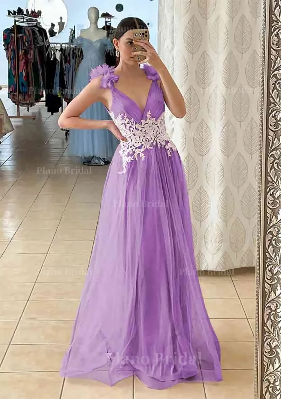 A-line V Neck Sleeveless Long/Floor-Length Tulle Prom Dress With Appliqued Beading Flowers