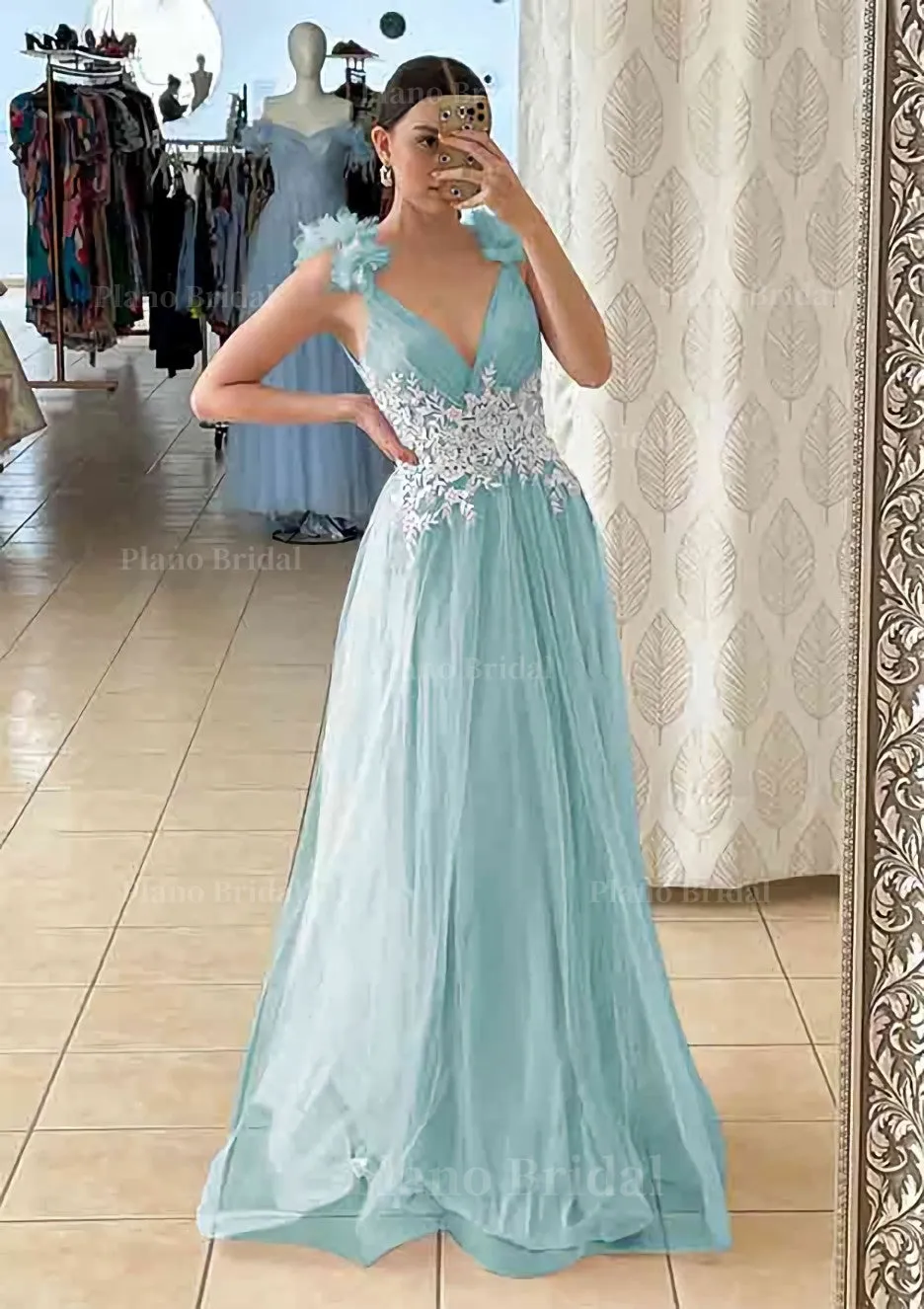 A-line V Neck Sleeveless Long/Floor-Length Tulle Prom Dress With Appliqued Beading Flowers