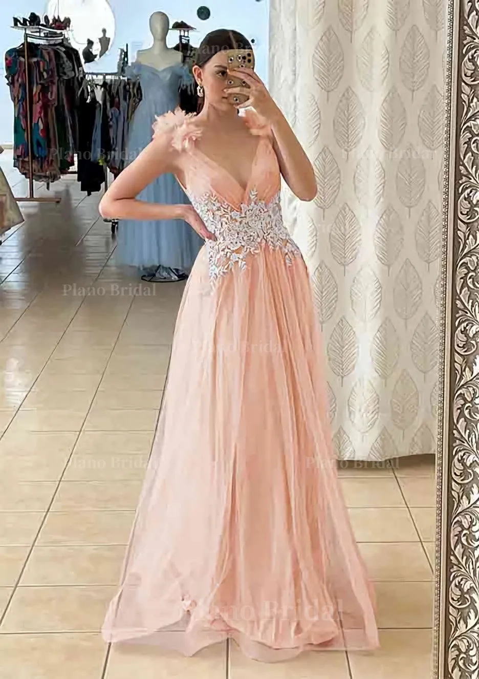 A-line V Neck Sleeveless Long/Floor-Length Tulle Prom Dress With Appliqued Beading Flowers