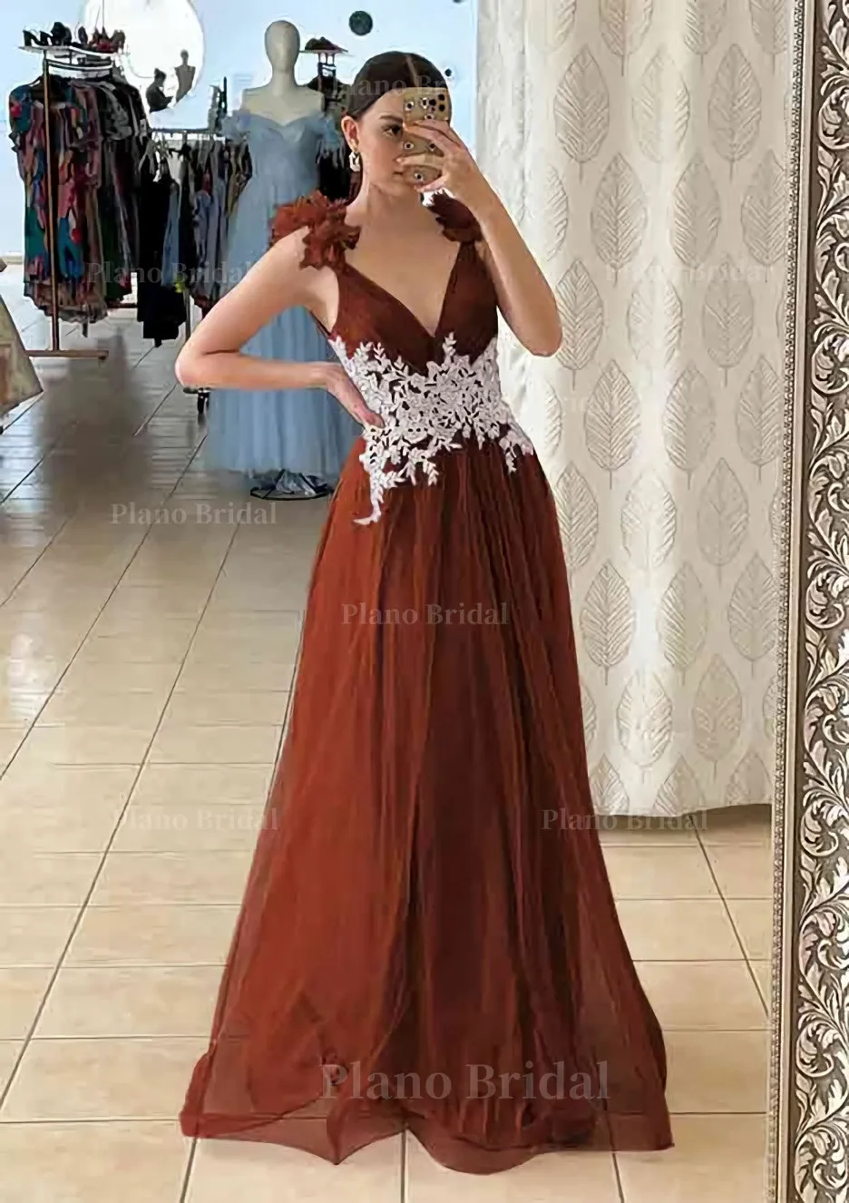 A-line V Neck Sleeveless Long/Floor-Length Tulle Prom Dress With Appliqued Beading Flowers