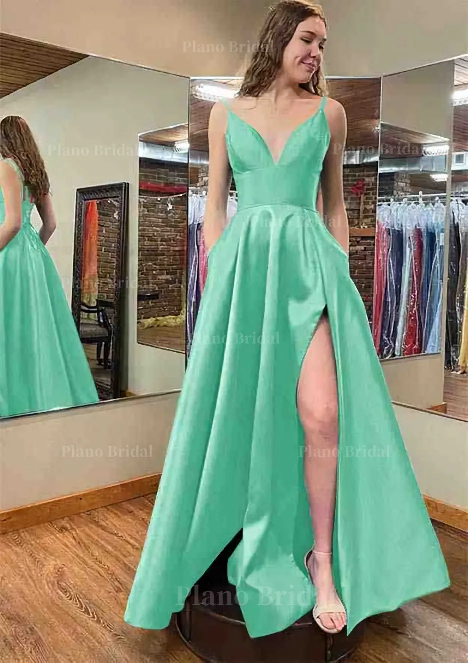 A-line V Neck Sleeveless Satin Long/Floor-Length Prom Dress With Pockets Split