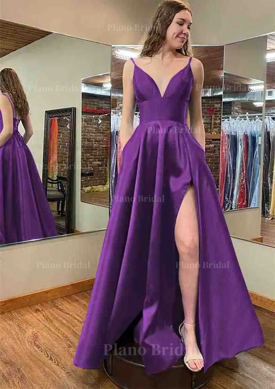 A-line V Neck Sleeveless Satin Long/Floor-Length Prom Dress With Pockets Split