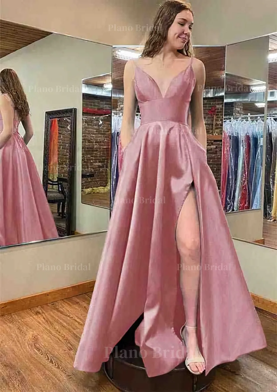 A-line V Neck Sleeveless Satin Long/Floor-Length Prom Dress With Pockets Split