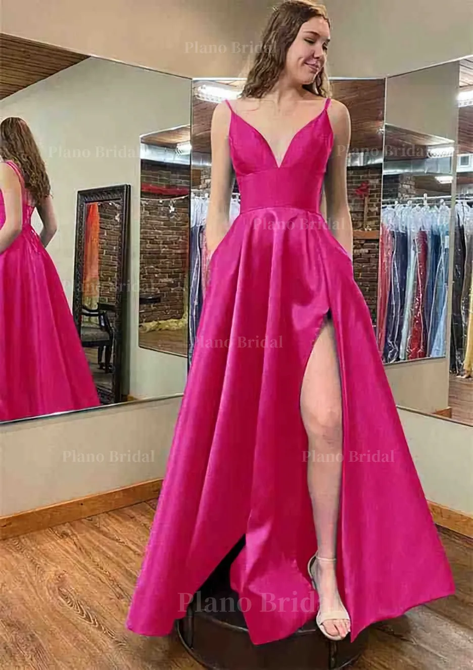 A-line V Neck Sleeveless Satin Long/Floor-Length Prom Dress With Pockets Split