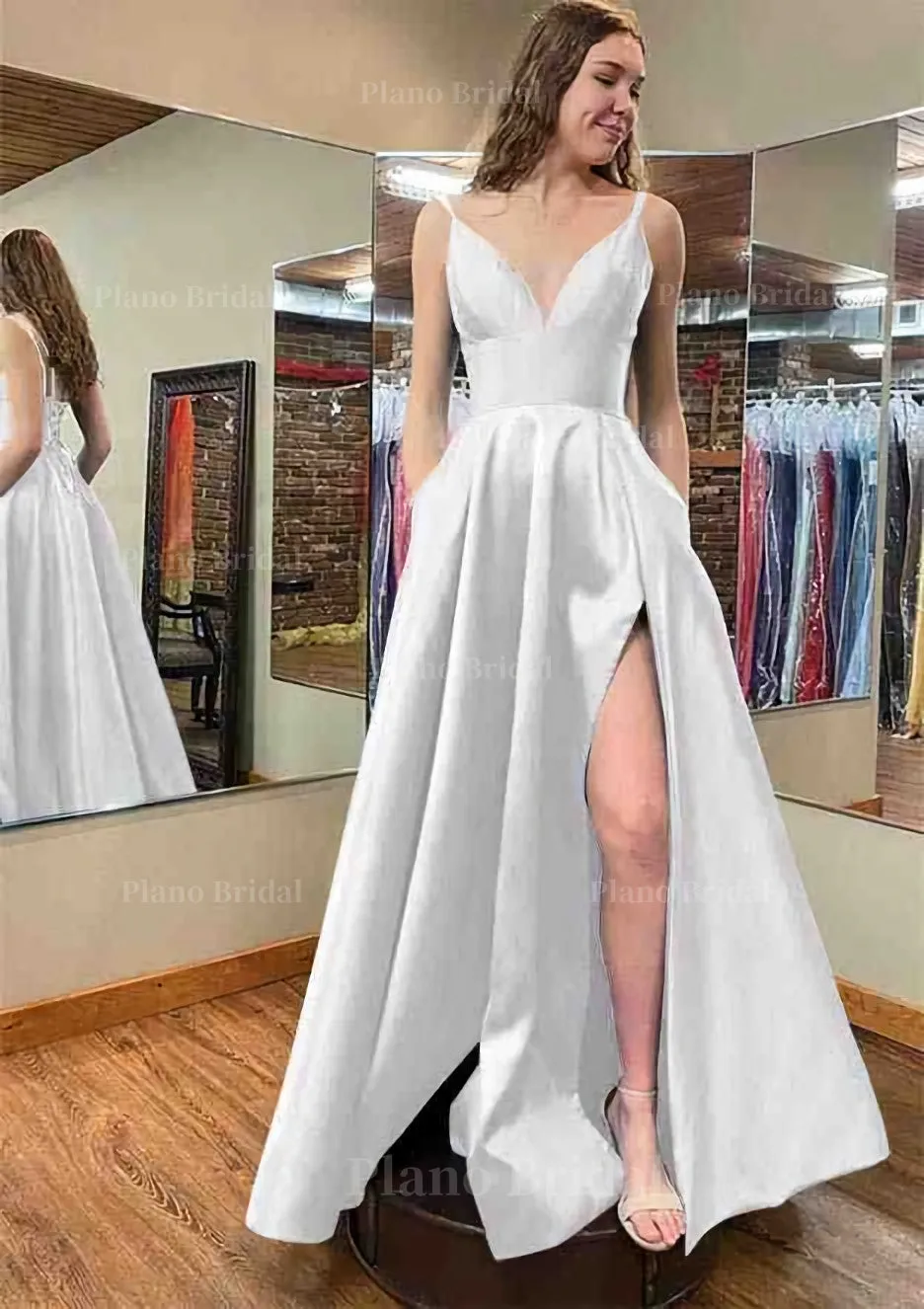 A-line V Neck Sleeveless Satin Long/Floor-Length Prom Dress With Pockets Split