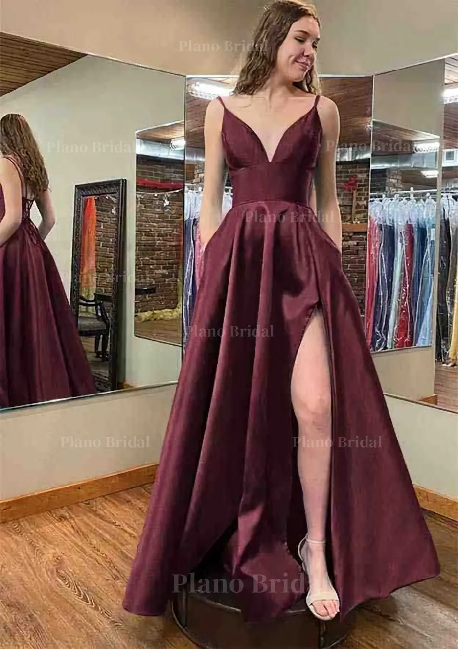 A-line V Neck Sleeveless Satin Long/Floor-Length Prom Dress With Pockets Split