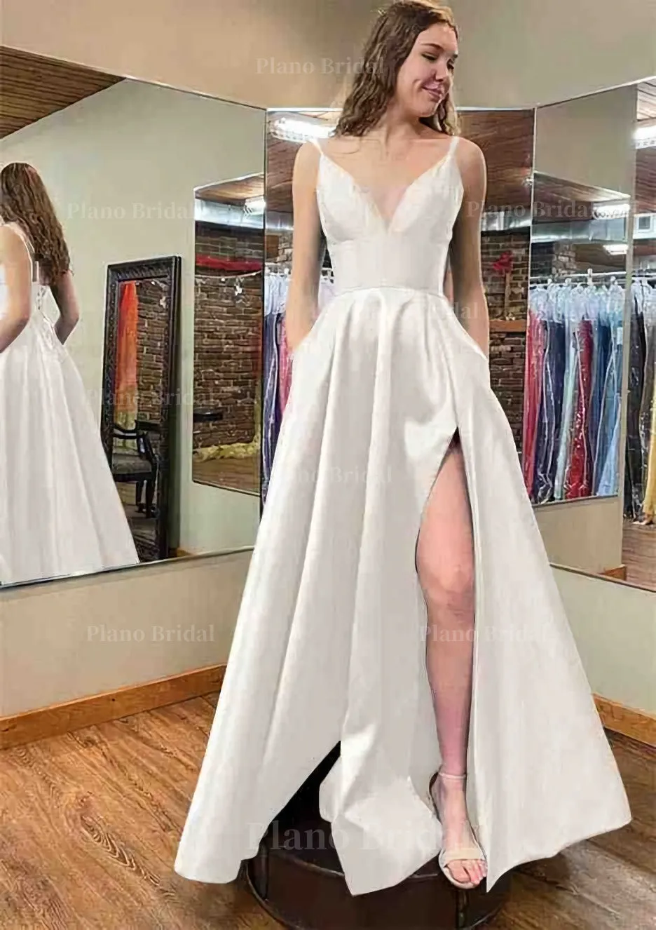 A-line V Neck Sleeveless Satin Long/Floor-Length Prom Dress With Pockets Split