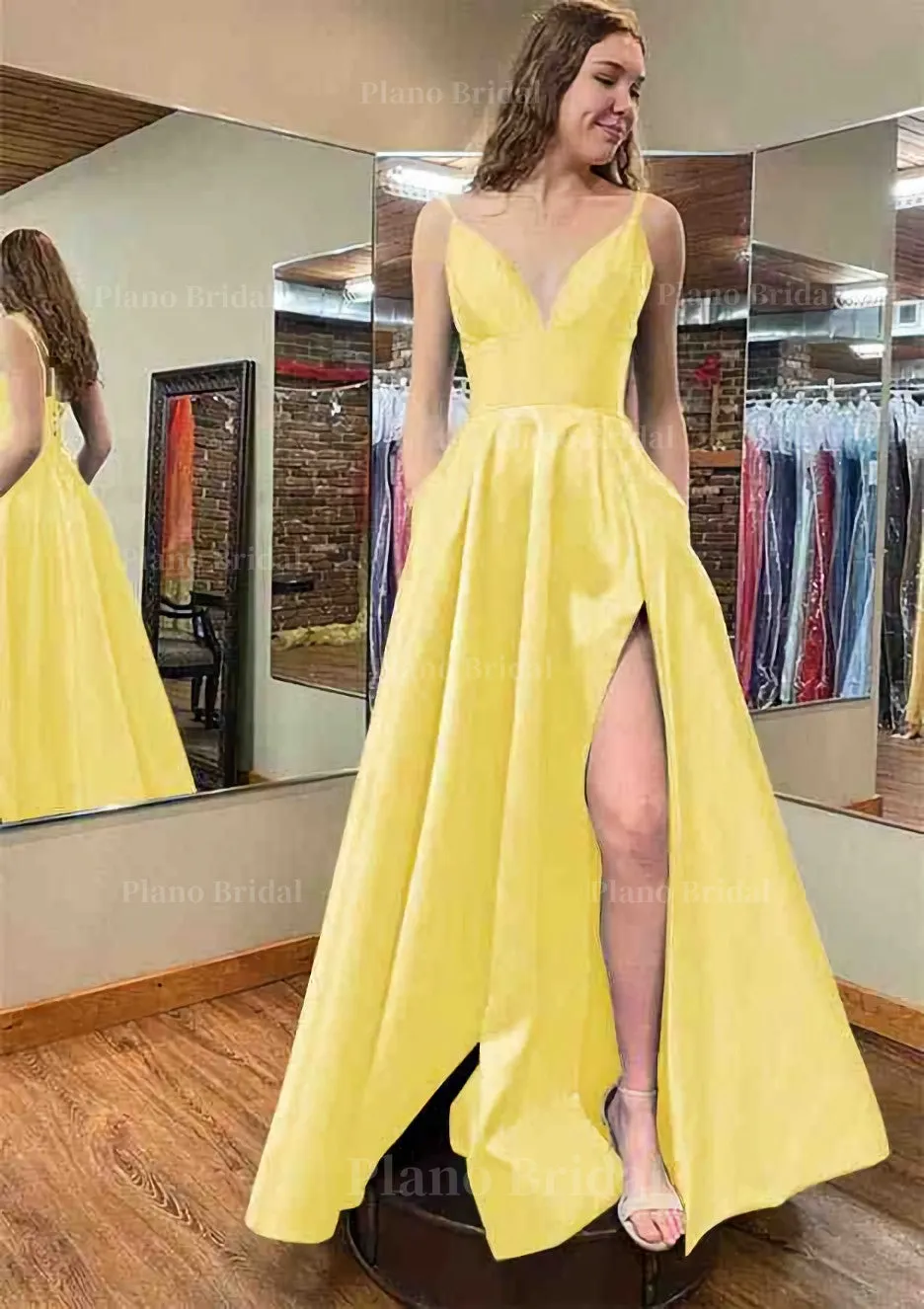 A-line V Neck Sleeveless Satin Long/Floor-Length Prom Dress With Pockets Split