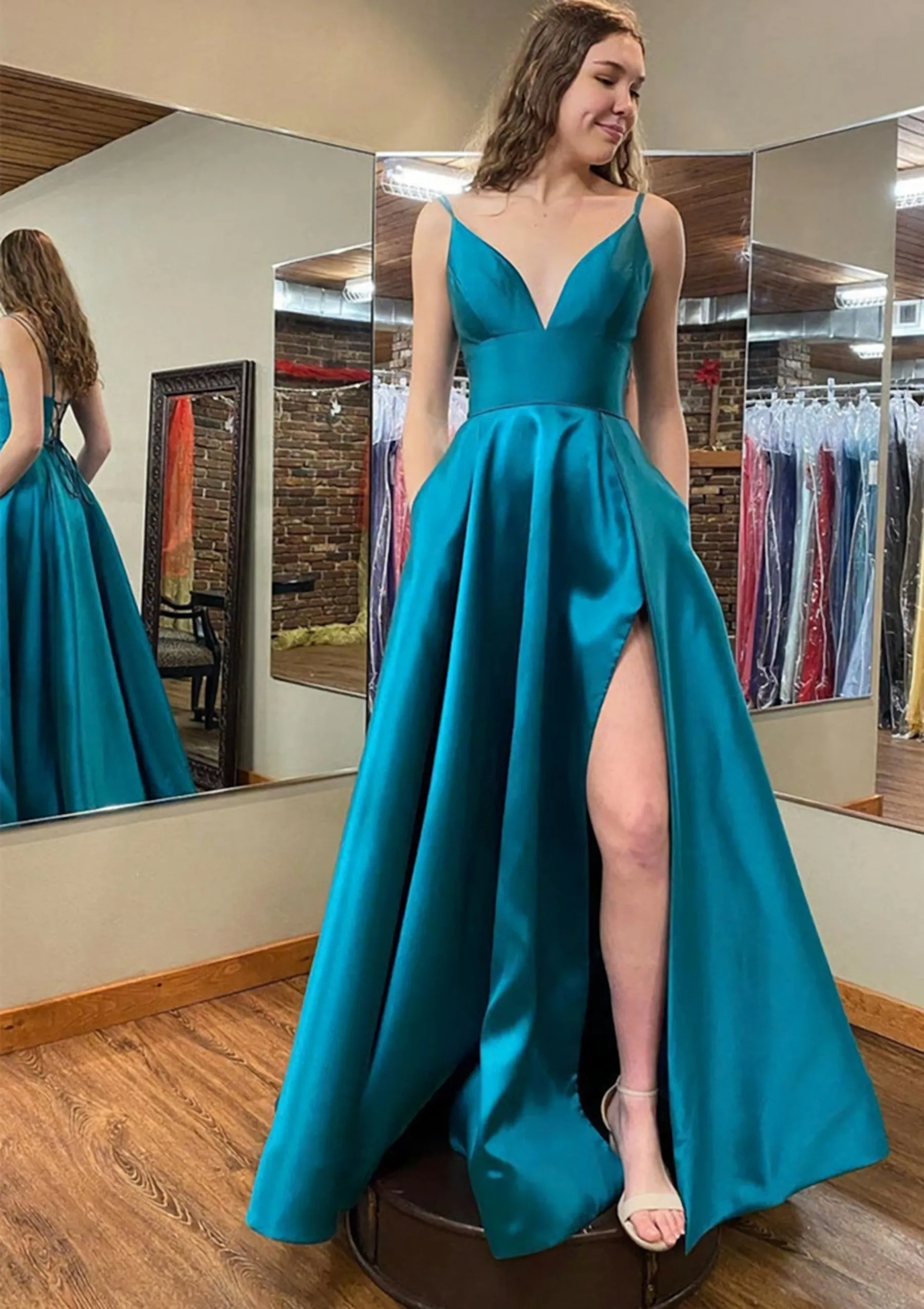 A-line V Neck Sleeveless Satin Long/Floor-Length Prom Dress With Pockets Split