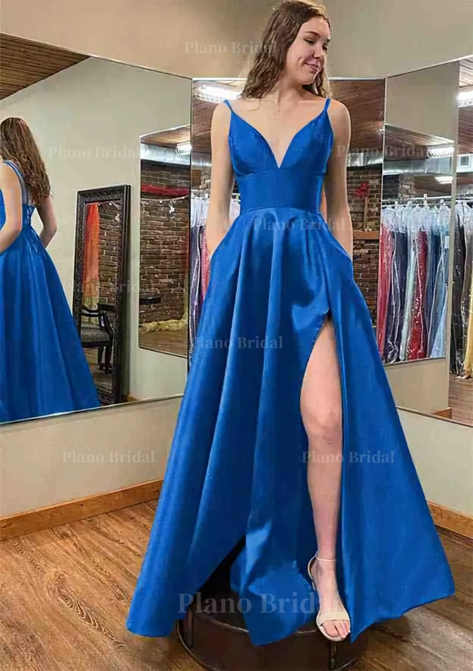 A-line V Neck Sleeveless Satin Long/Floor-Length Prom Dress With Pockets Split